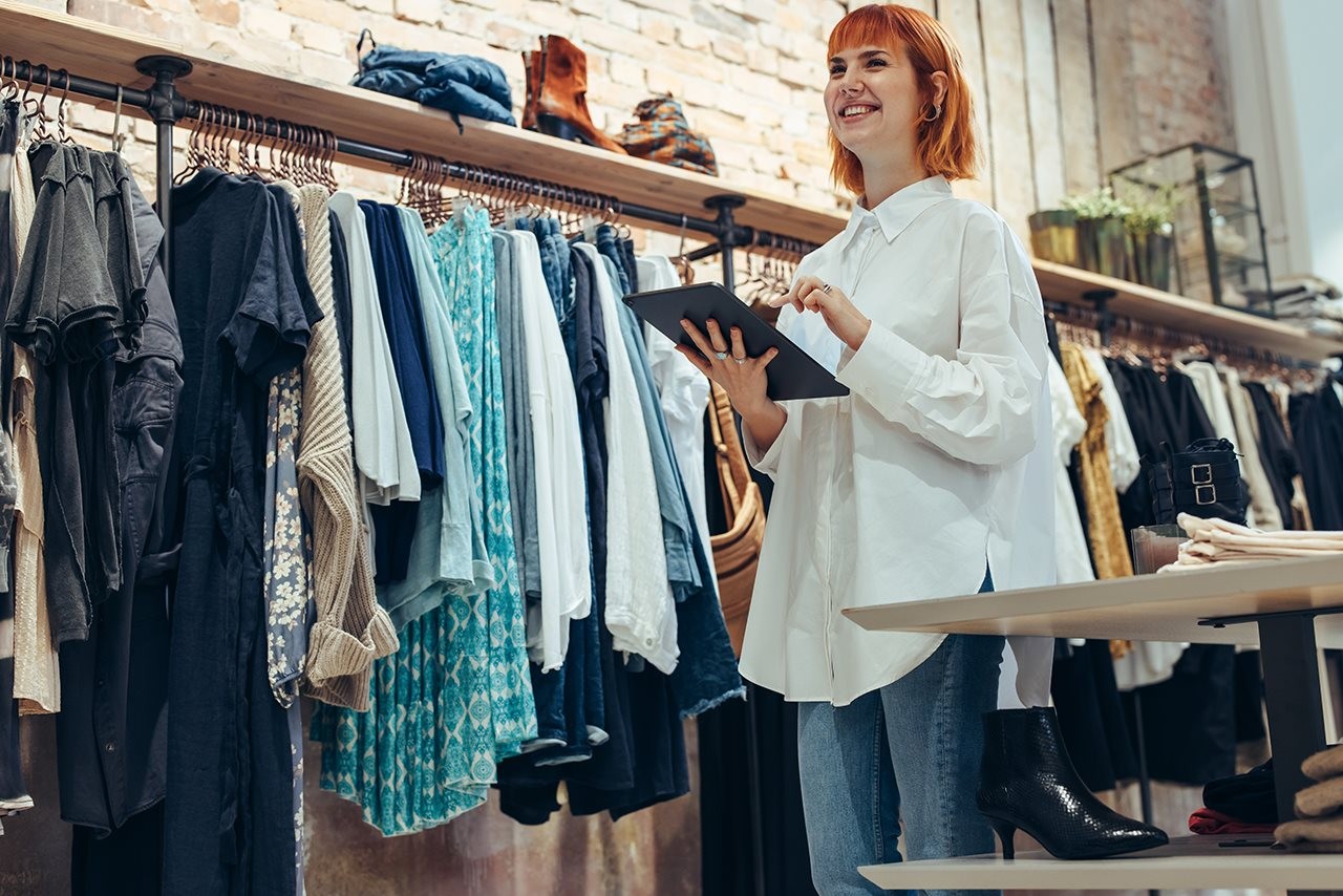 Woman working in a retail clothing store using a digital tablet.